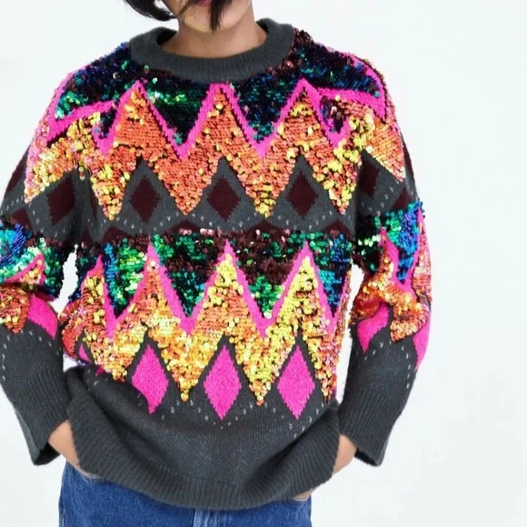ZARA MULTICOLOR OVERSIZED SEQUIN SWEATER RARE MEDIUM M - Picture 5 of 16